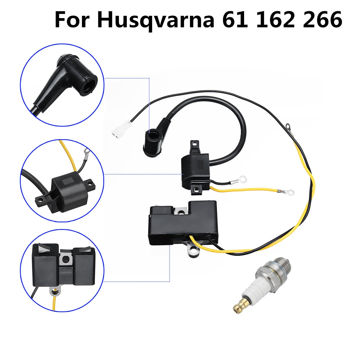 Bobina de encendido de 2 piezas, juego de bujías para Husqvarna 61 162 266 Jonsered 630 670, juego de bobinas de encendido de tipo antiguo