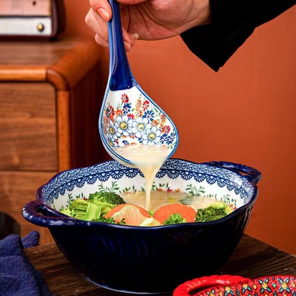 Tigela de sopa de cerâmica estilo boêmio com alça, design seguro para micro-ondas em relevo, ótimo para servir sopa, saladas, macarrão ramen