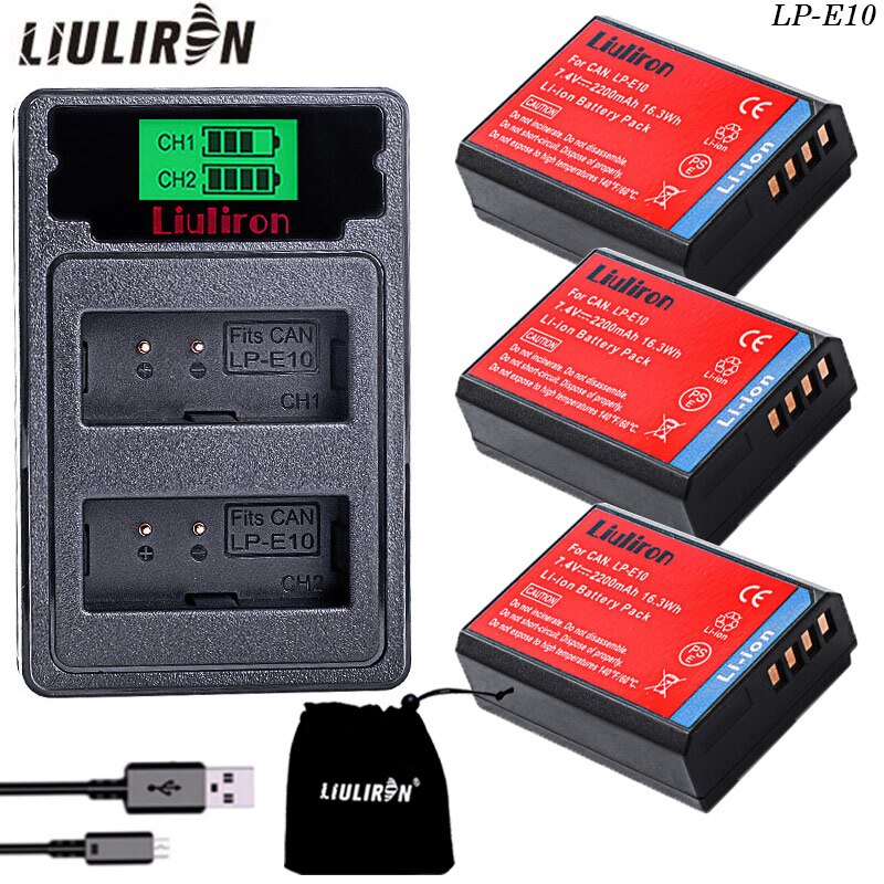 2200 mah lp -e10 lp e10 lpe 10 digitaalikameran akku canon 1100d 1200d 1300d rebel  t3 t5 kiss  x50 x70 -akku: Laturi ja 3 akkua