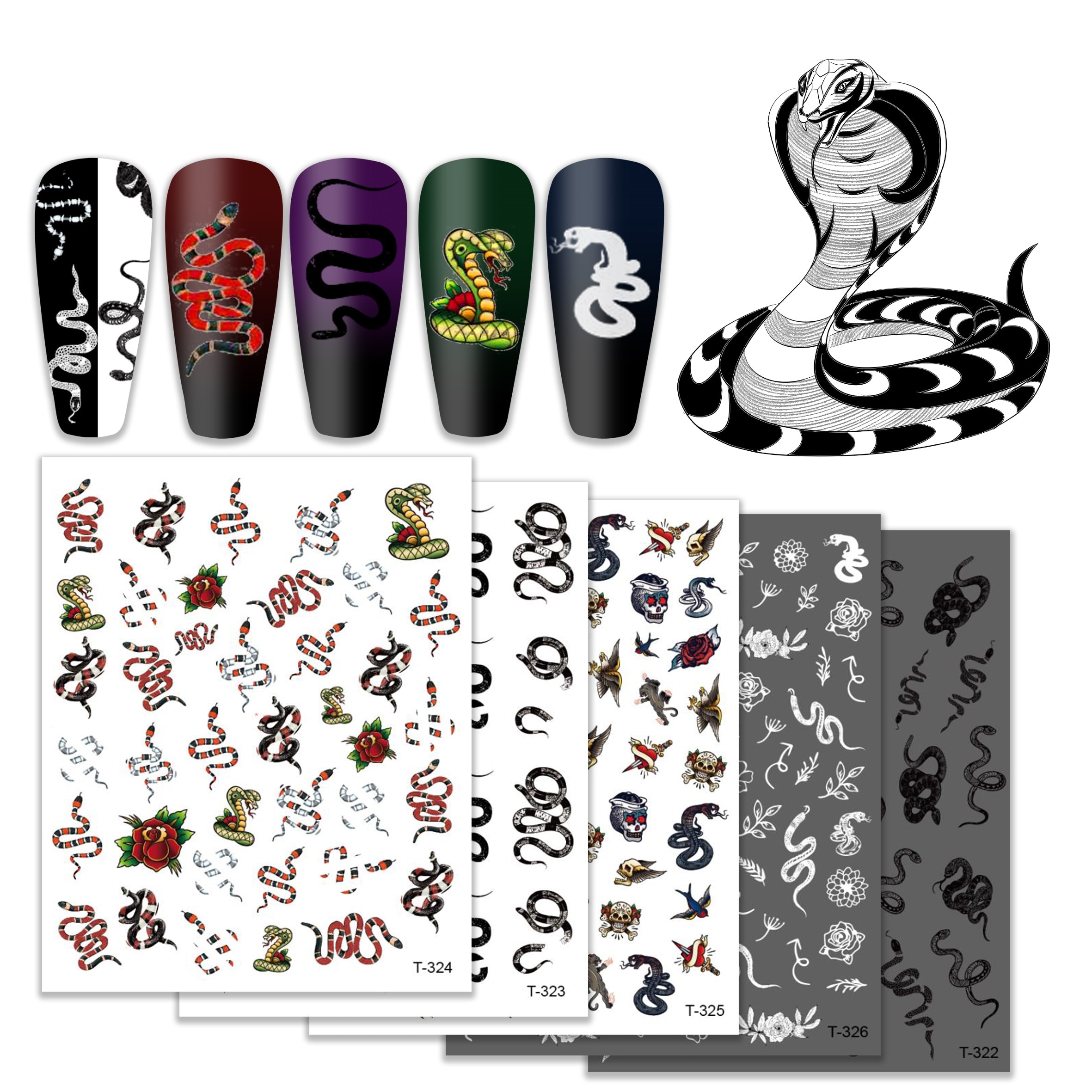 5 Stk/partij Nail Art Sticker Zwart Wit Snake Nail Decal Nail Sticker Decals Nail Decorations