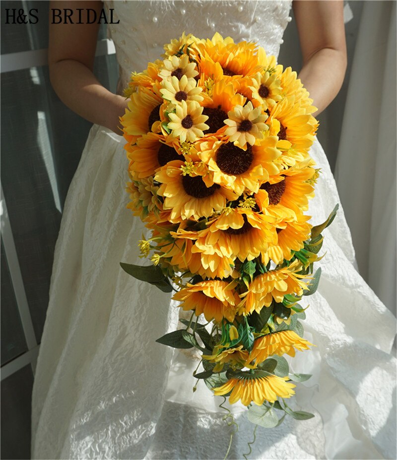 H&amp;S BRIDAL Sunflower Teardrop Wedding Bouquet Waterfall Bridal Flower Bouquet Lace handle Bruidsboeket bouquet de mariage