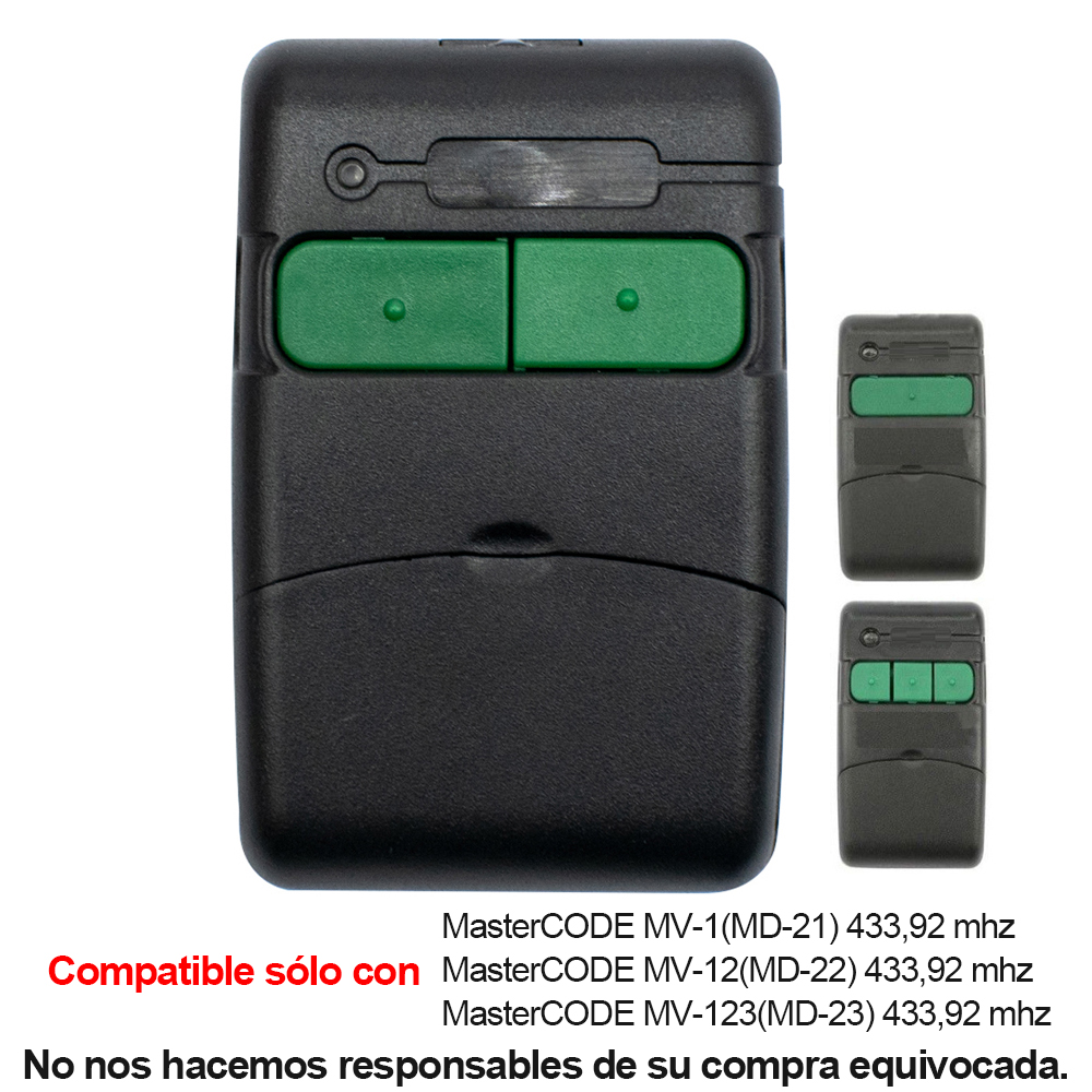 Clemsa Mastercode MV12 Mando a distancia para puerta de garaje, Compatible con CLEMSA MASTERCODE MV-1, MV-12, MV-123, MV1, MV12, MV123, MD-21, MD-22, 433,92 MHz