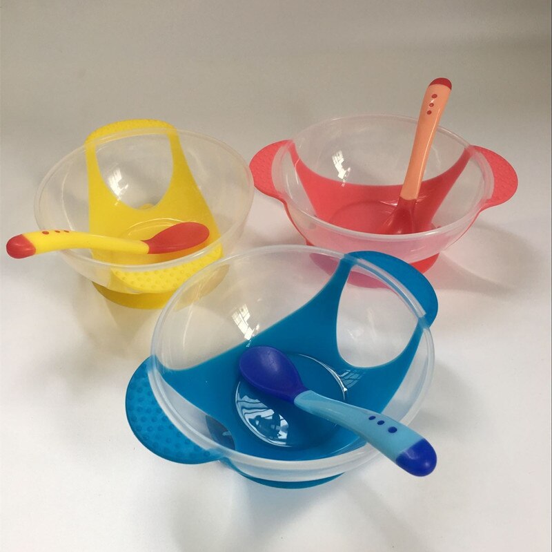 Cuenco de alimentación para bebé, juego de tazón con ventosa, cuchara con detección de temperatura, vajilla para bebé, platos de aprendizaje, tazón de comida para niños