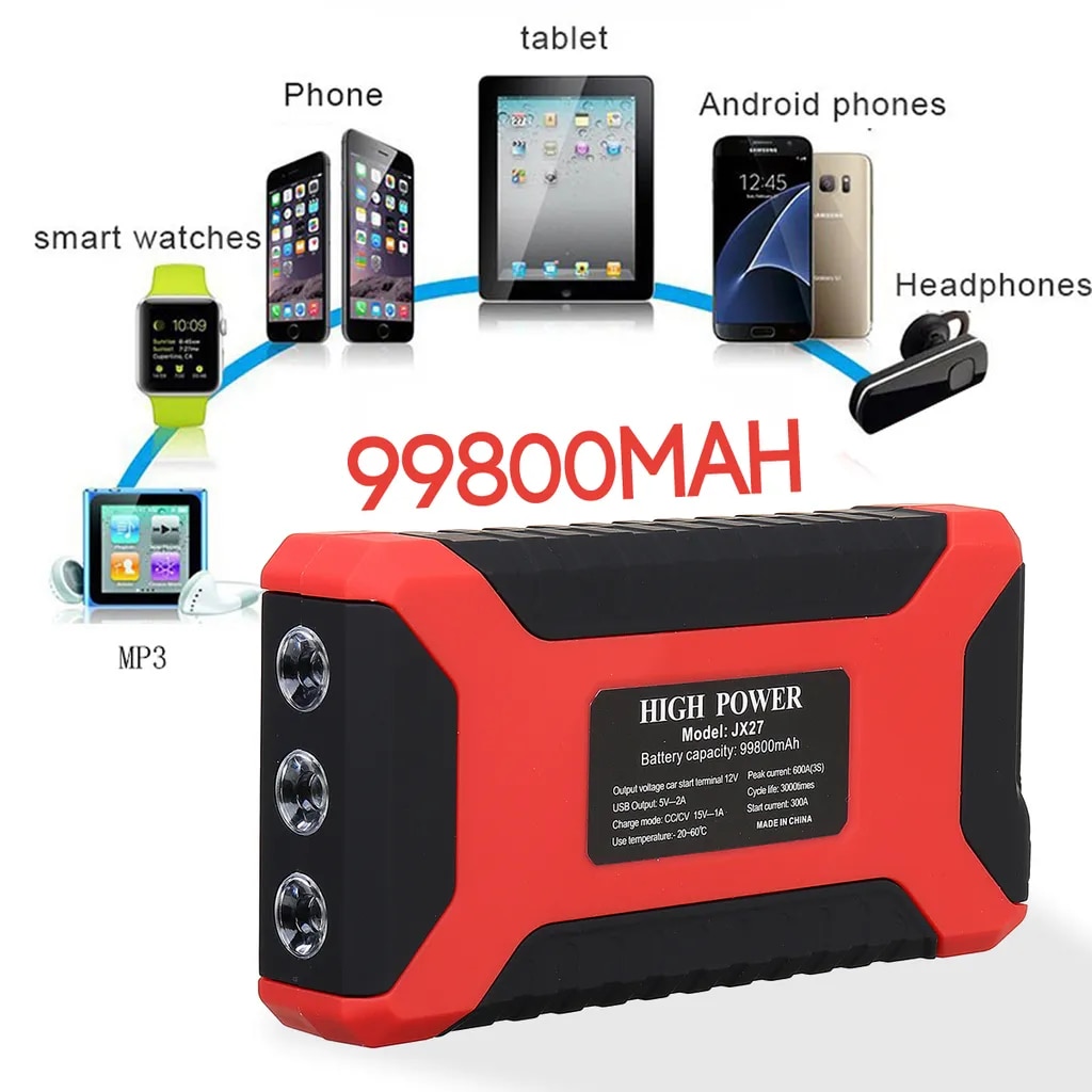 99800mA Car Jump Starter Power Bank Car Battery Booster Charger Starting Device Auto Emergency Start-Up Lighting 4USB EU Plug