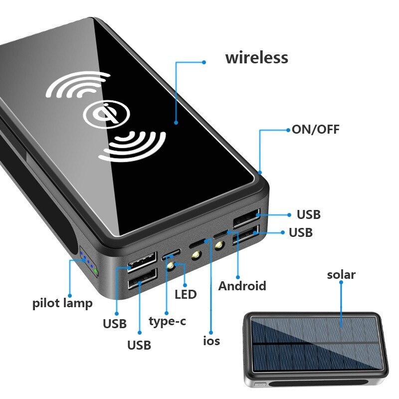80000Mah Solar Power Bank Draadloos Opladen Grote Capaciteit Waterdichte Externe Batterij Outdoor Camping Licht Telefoon Oplader
