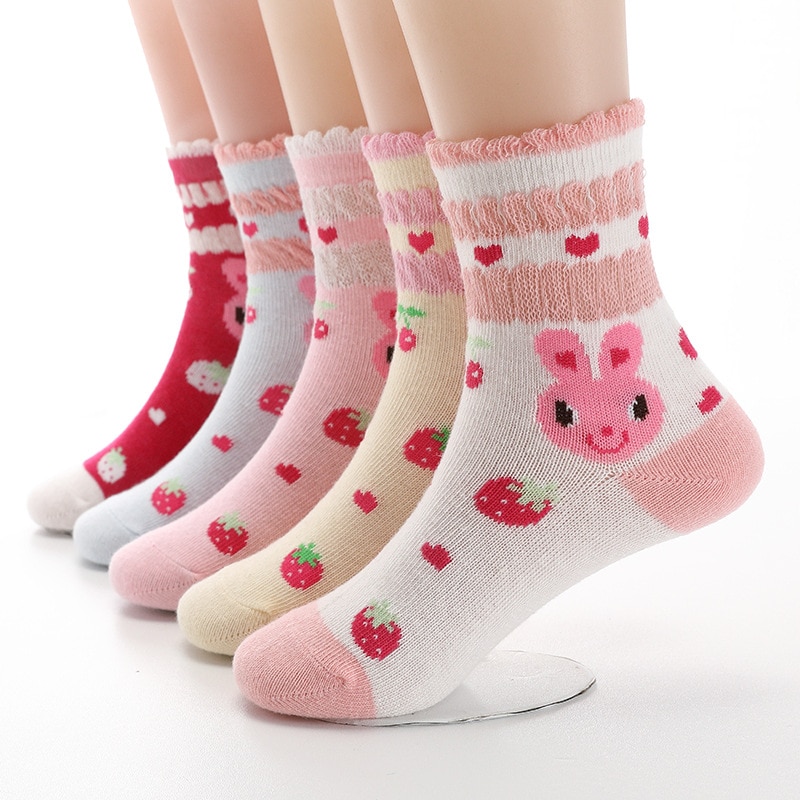 5 Pairs / lot Autumn Girls Socks Cotton Cartoon Rabbit Strawberry Lace Candy Color Children's Socks For Girls 3- 12 Year