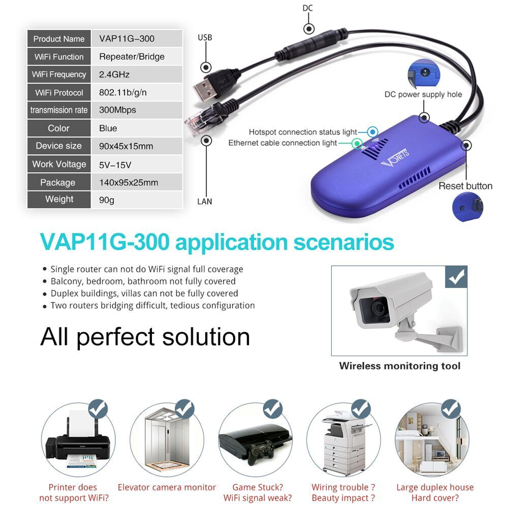 VONETS Wifi to Ethernet Adapter WIFI Bridge Wireless Repeater Hospot Extender Amplifier RJ45 AP for Network Printer VAP11G-300