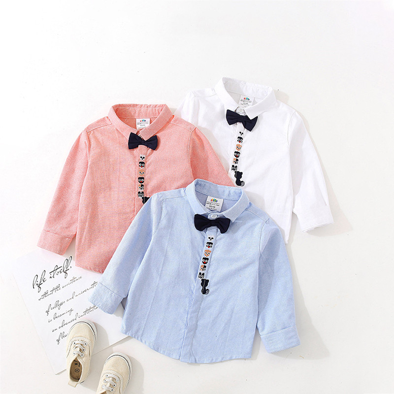 Spring Autumn 2 3 4 5 6 8 10 Years Children White Cotton Long Sleeve Turn-Down Collar Bow Handsome Shirt For Kids Baby Boys