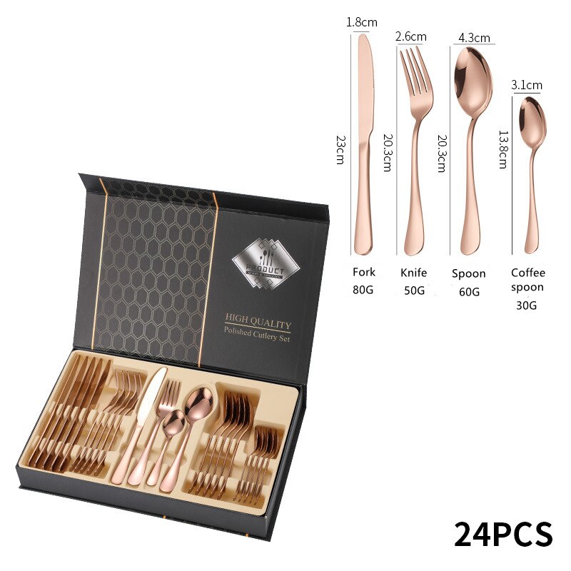 6Set/24Pcs Luxury Flatware Box Set Wedding Banquet Year Family Dinner Cutlery Set Stainless Steel Tableware Set: RoseGold 24Pcs Box