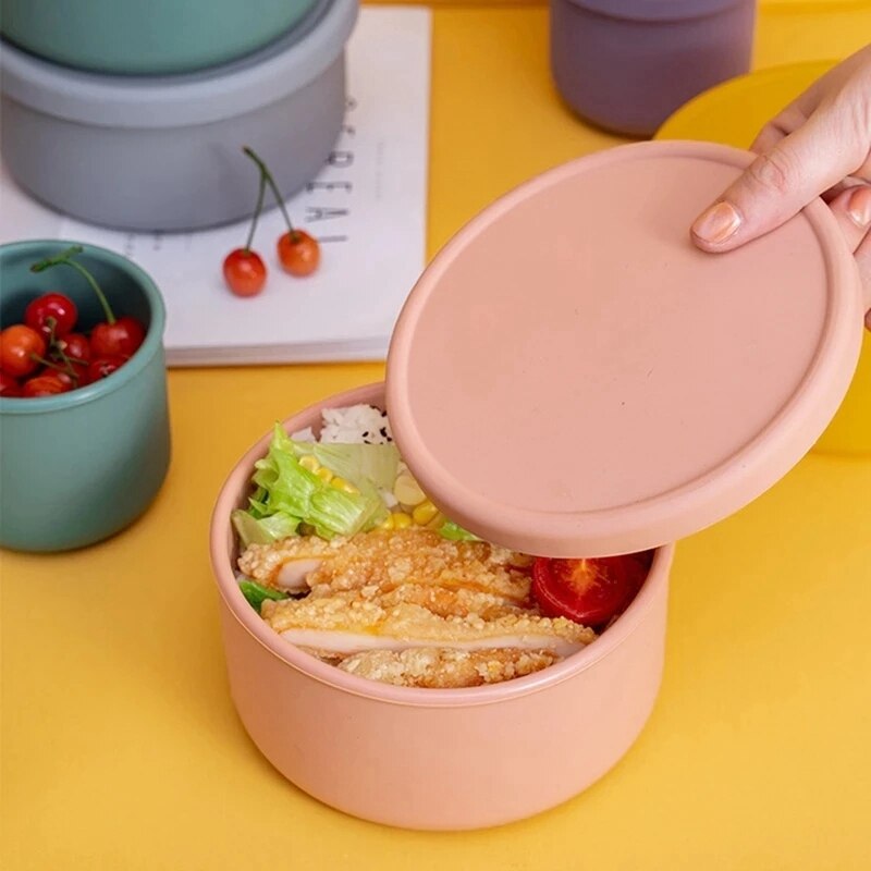 Kids Silicone Lunch Box with Lid Food Fruit Salad Fresh-Keeping Bowl Bento Box Kitchen Storage Containers Leak Proof
