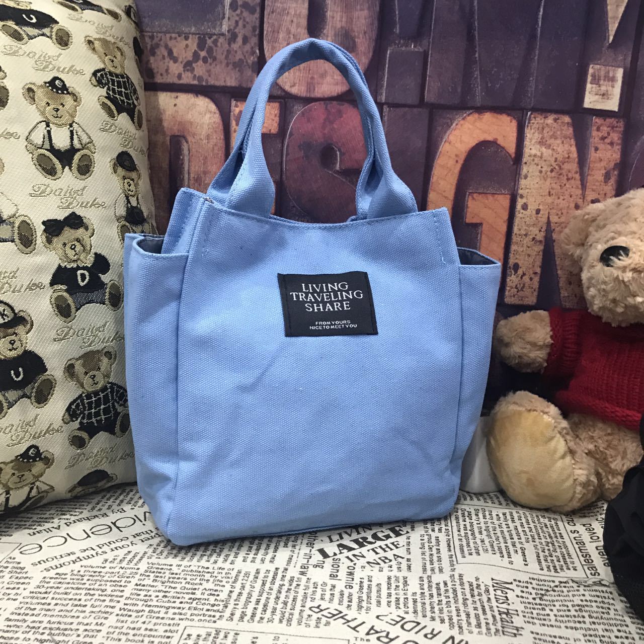 Women Pure color Tote Canvas Casual Hand Bags Lady messenge Bag Simple Canvas Shoulder Bag female Casual Tote: light blue