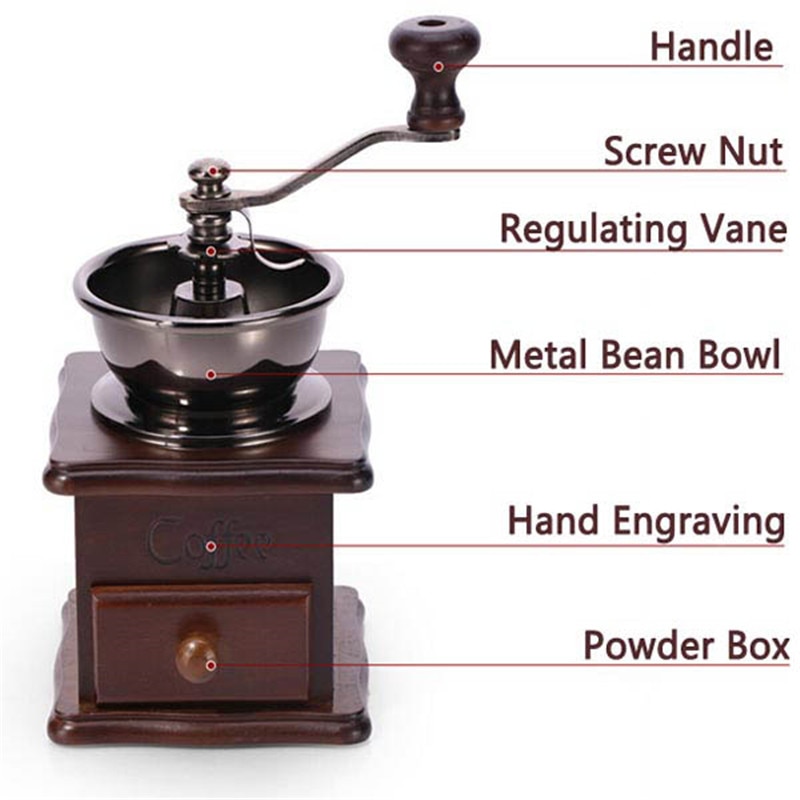 Klassisk træ manuel kaffekværn hånd rustfrit stål retro kaffe krydderi mini burr mølle med høj keramisk millston