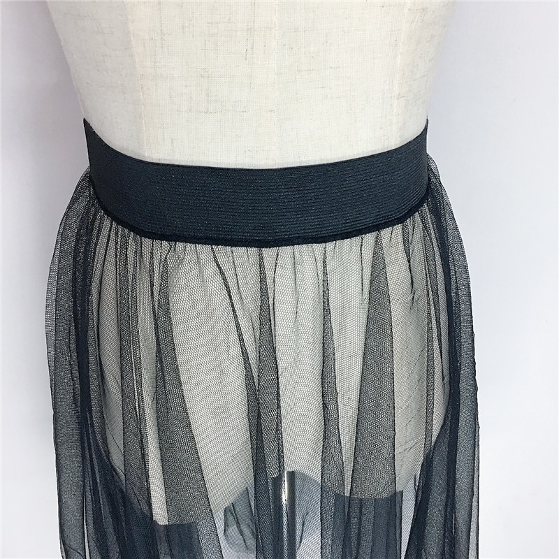 Summer Women Mesh Lace Skirts Women Casual Tulle Skirt High Waist Elastic Transparent Asymmetry black Skirt Overskirt