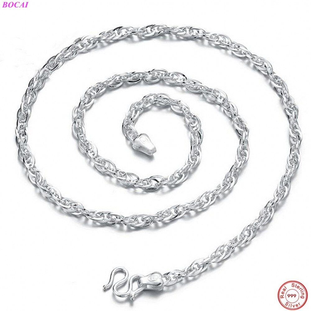 BOCAI Solide-collar de plata esterlina S999 para mujer, joyería sencilla de para mujer, cadena redonda de doble clavícula, artesanía de plata tailandesa para hombre