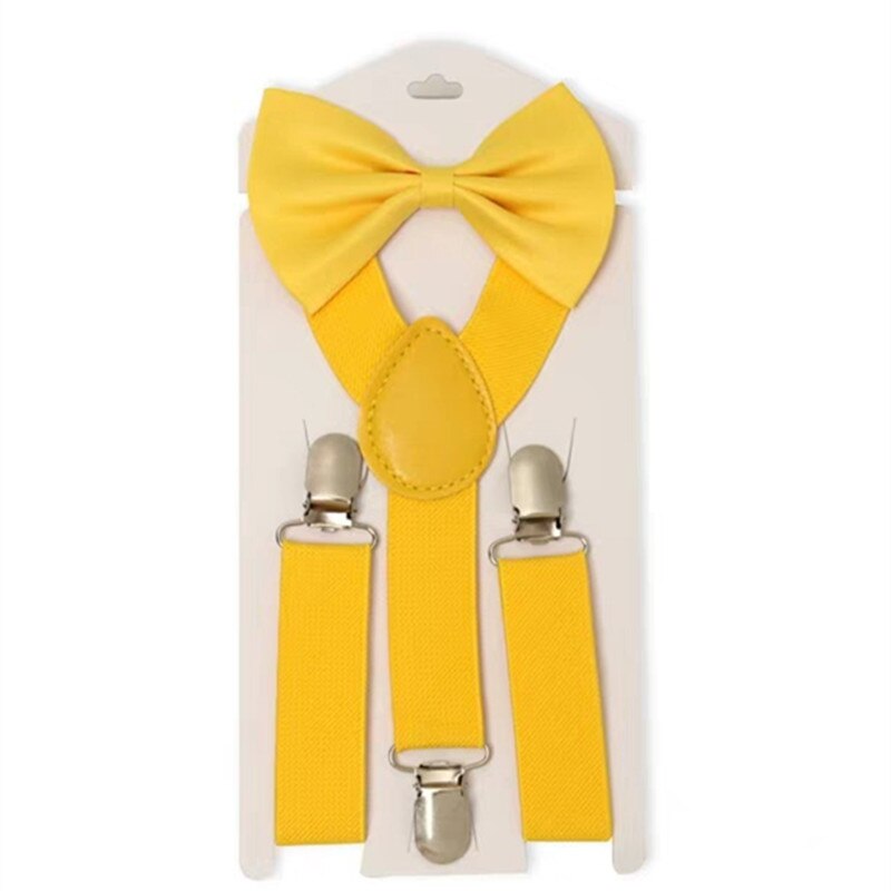 Einfarbig Kinder Gürtel Bowtie Set Baby Jungen Mädchen Hosenträger Clip-on Y-Back Hosenträger Fliege Elastische kid Einstellbare Fliege Set: yellow