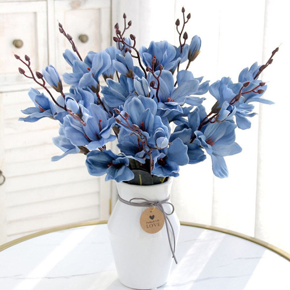 Ramo de flores artificiales de seda, plantas de simulación de Magnolia para decoración del hogar, sala de estar, propuesta de boda, 5 tenedores, 20 cabezas