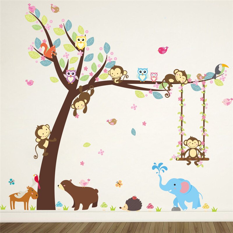 Forest Animals Tree wall stickers for kids room Monkey Bear Jungle wild Children Wall Decal Nursery Bedroom Decor Poster Mural