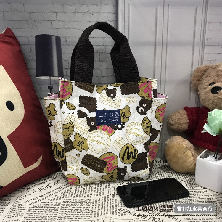 Lady Women Handbag Polyester Ladies Printing Handbags Portable Lunch Bag Pouch Storage Box Picnic Tote Bag: Brown