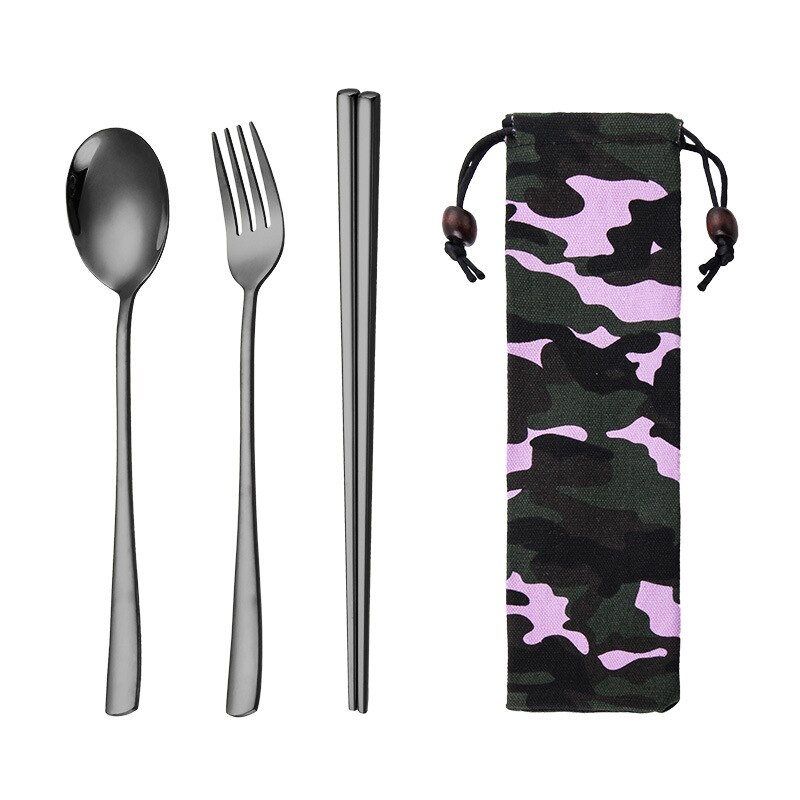 Portable Travel Stainless Steel Utensils Cutlery Set with Spoon,Fork,Chopsticks,Straw 6pcs: black 3pcs