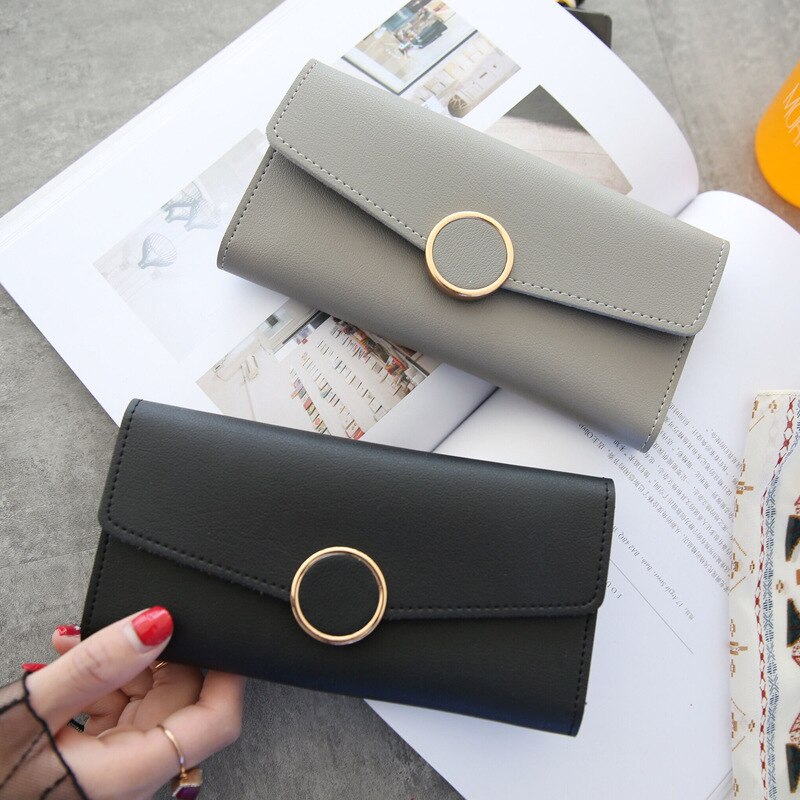 Damen-geldbörse, lange handtasche aus pu-leder, reißverschluss, metallkreis-dekor, geldbörse mit schnappverschluss, münzfach, Kupplung