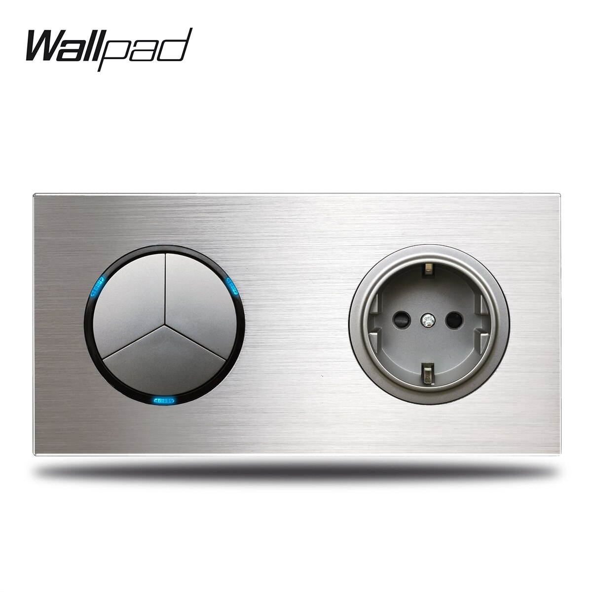 3 Gang Triple Light Switch with EU Wall Electric Outlet Socket Silver Brushed Aluminum Alloy Panel Dual Plate, 172 * 86 mm: Grey Module / 3 Gang 2 Way Switch