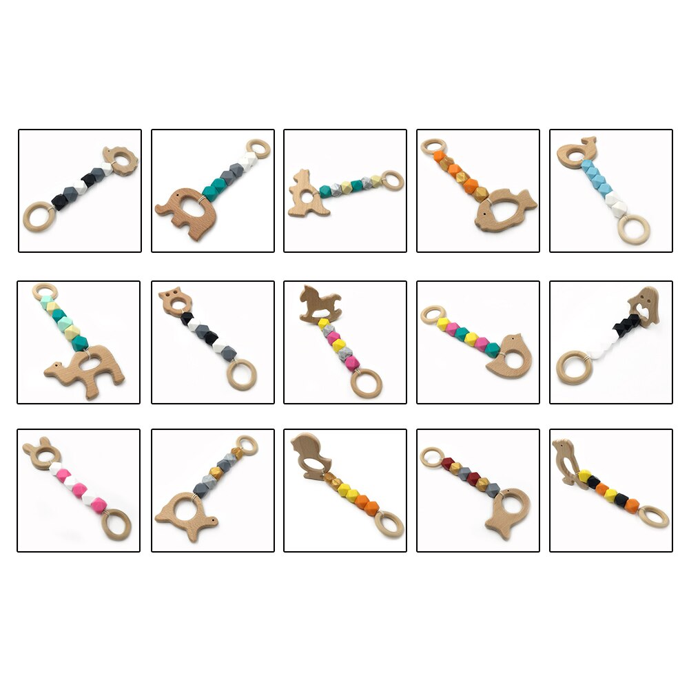 Mordedor de madera para bebé, juguete con cuentas de dentición con de ganchillo de zorro, erizo, elefante, pájaro, juguete para niños, pulsera con cadena para dentición
