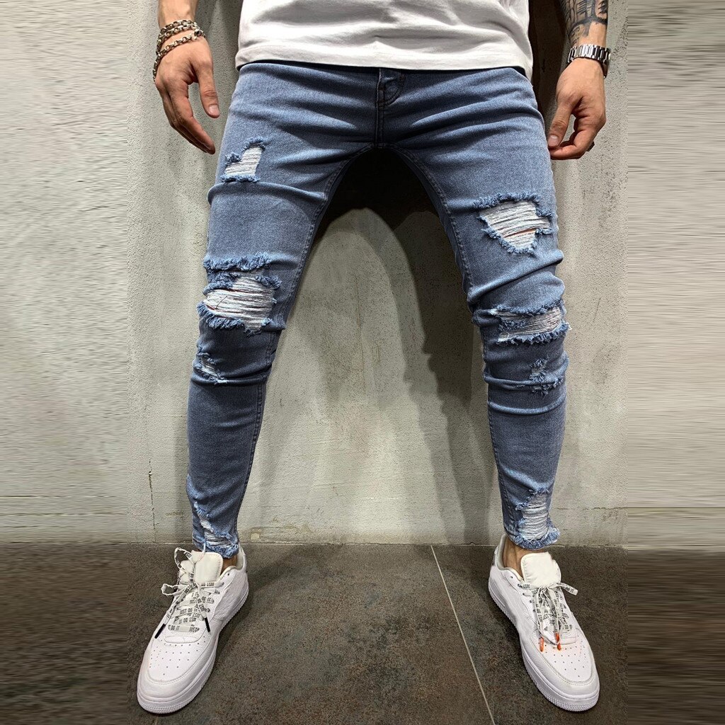 Heren Pure Kleur Gat Denim Jeans Vintage Wassen Skinny Ripped Vernietigd Stretch Slanke Werk Broek Broek Met Gaten Voor Mannen 8.21
