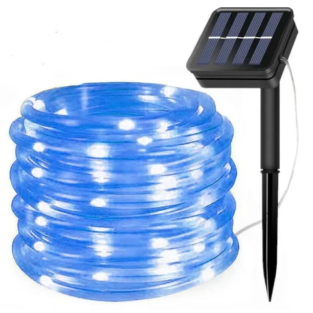 Tira de luces de cuerda Solar de 300LED, cuerdas de luces de hadas impermeables para exteriores, decoración navideña para jardín, césped, árbol, patio, valla, camino: Luna Azul / 11-15 W