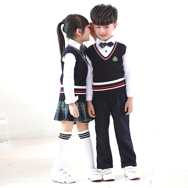 British Children School Uniforms Boys Girls Sweater Top Vest Pleated Skirt V Collar Primary Student Kindergarten Uniforms Set