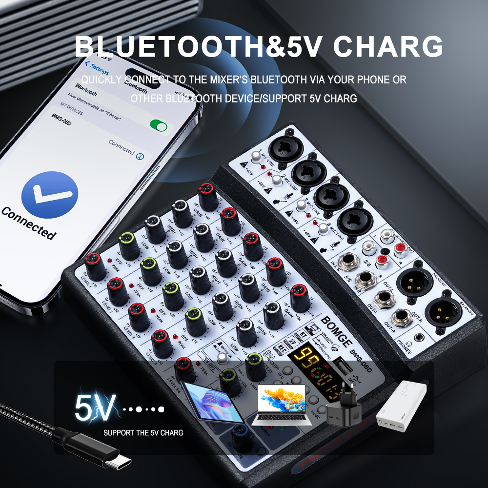 BOMGE Mezclador de audio de 6 canales Consola mezcladora portátil Interfaz USB Tarjeta de sonido con 99 DSP Echo 48V Phantom Power