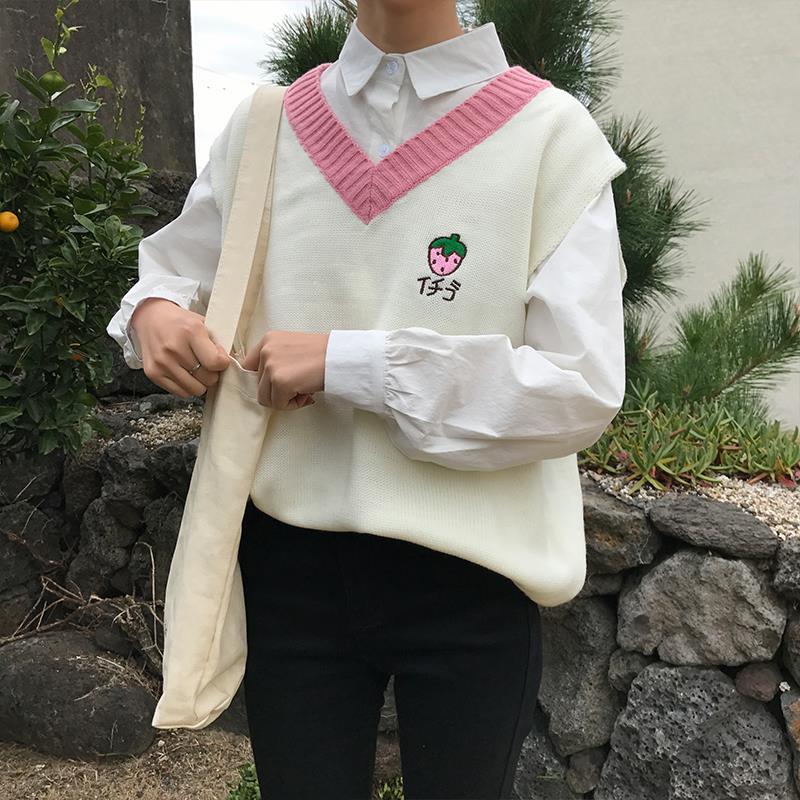 Pull gilet femmes sans manches à la col en v étudiant broderie Patchwork tout-match populaire Feminino Simple doux tricot Kawaii