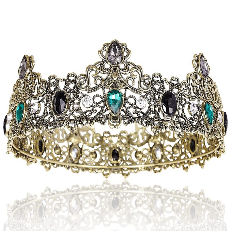 Couronnes de roi Vintage en métal pour hommes, couronne de roi complète avec strass vert, tiare d&#39;anniversaire pour hommes, couronnes de bal