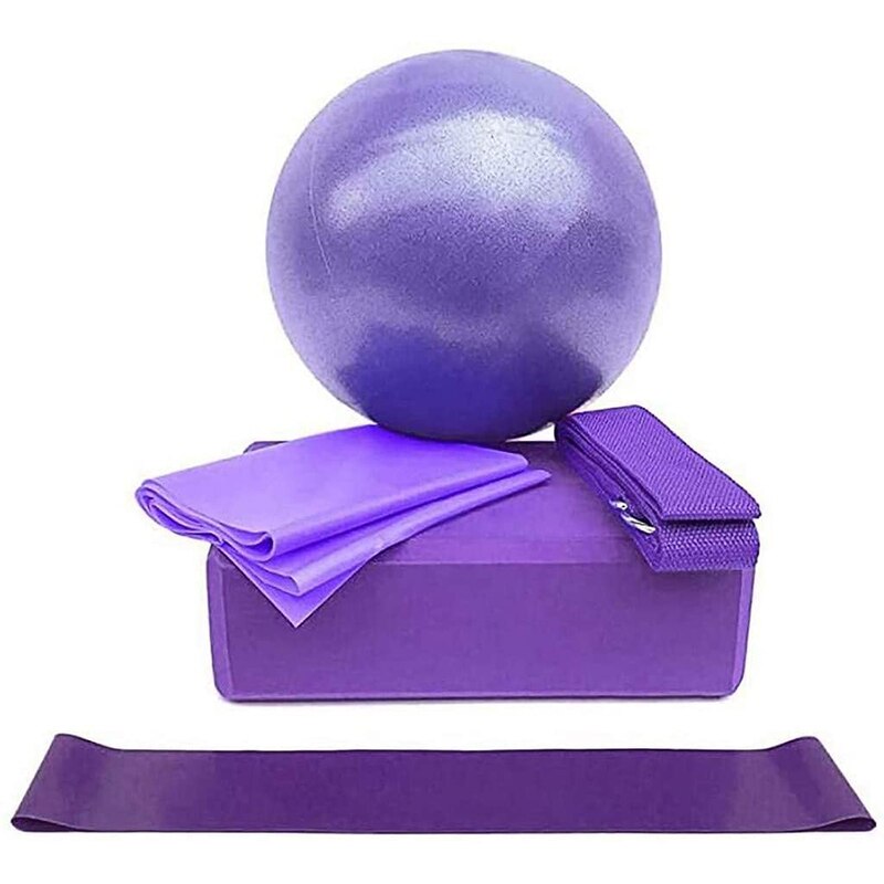 5PCS Yoga Equipment Set Include Yoga Ball Yoga Blocks Stretching Strap Band: Purple