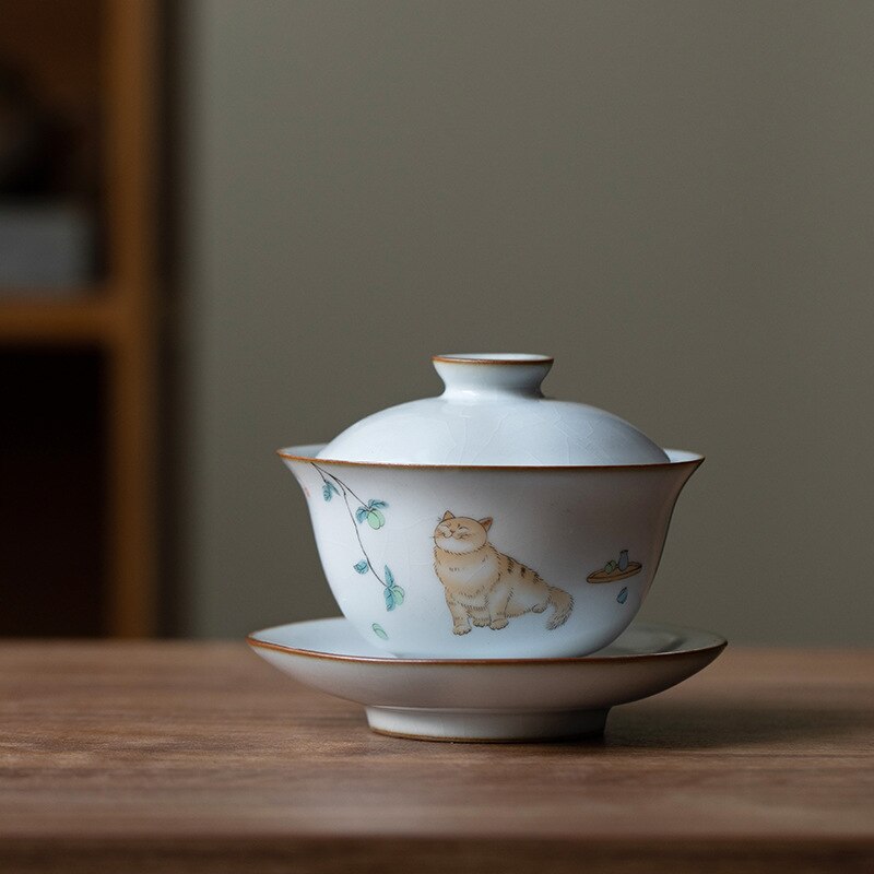 160ML Keramik Gaiwan Nette Katze Porzellan Terrine Chinesische Alte Glasur Jingdezhen Teaset Teekanne Schüssel für vielfältige Tee Porzellan: 03