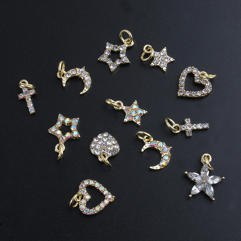 10Pcs Luxurious Hollow Dangle Nail art Charms Golden Star/Heart/Moon /Christian Cross Nail Piercing Jewelry Nail Hoop Pendants#5