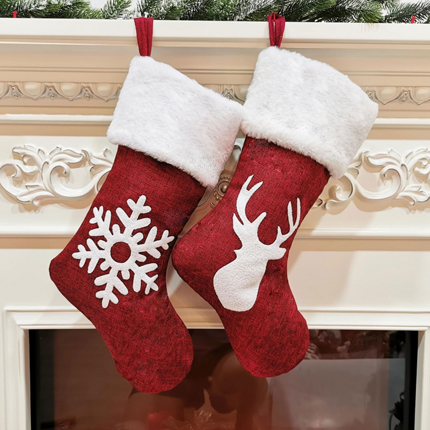 4 stk jule julestrømper rensdyr snefnug træpose hængende ornamenter til hjemmet fest seng pejs indretning 18in højde