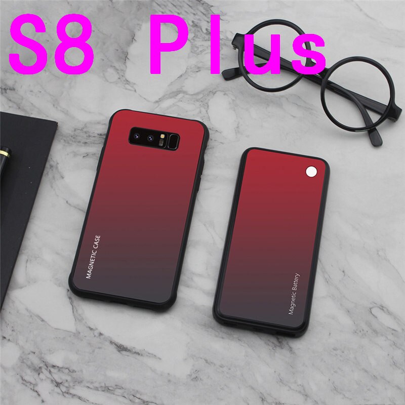 Slim Gradient Tempered glass Magnetic Wireless charger Case For Samsung Galaxy S8 S9 Plus Power Bank Battery Charging Case Cover: S8 Plus-Red