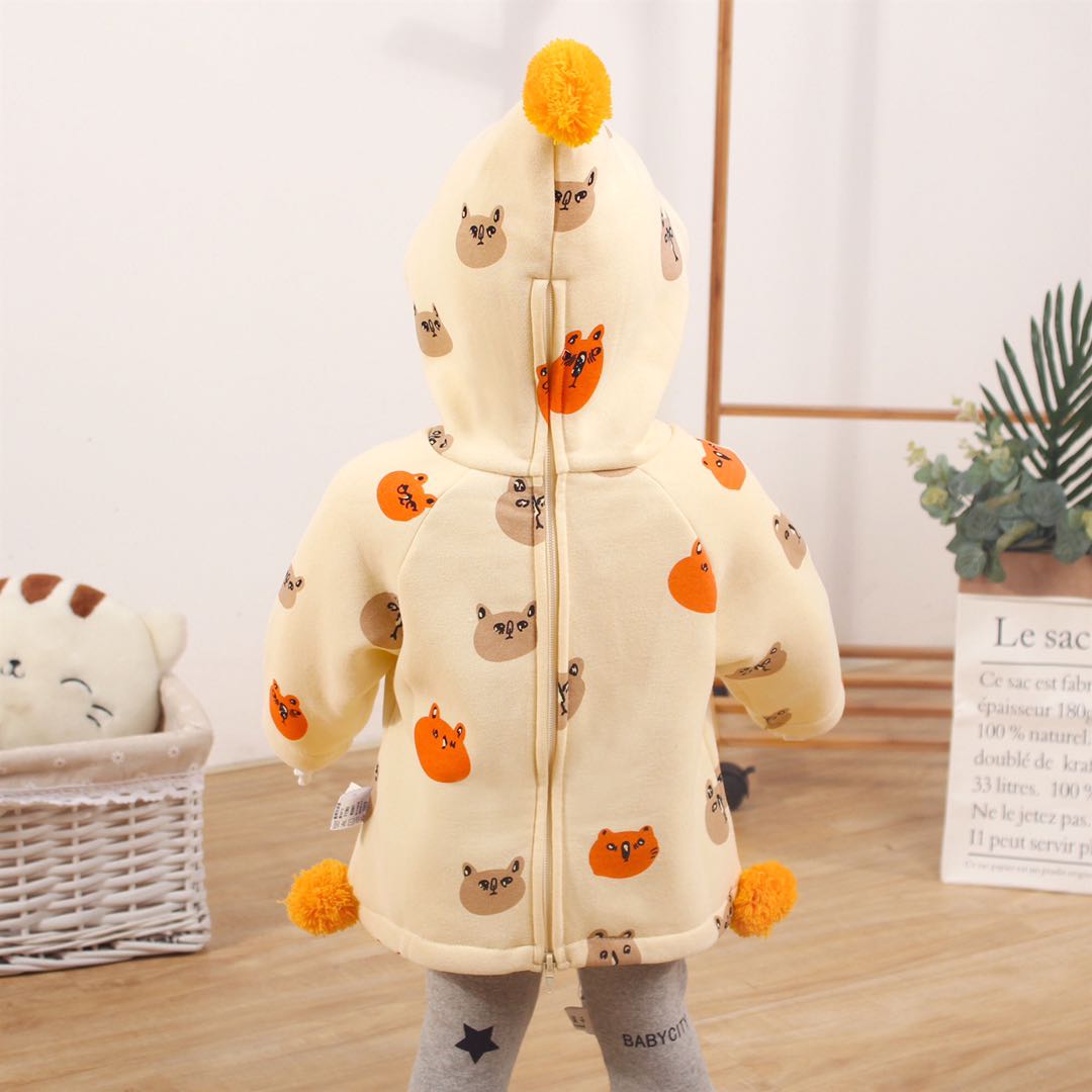 Baby Kid Boy Autumn Winter Beige Plus Fleece Jacket Back Zipper Print Jacket Newborn Baby Bear Hoodie Toddler Girl Winter Coat