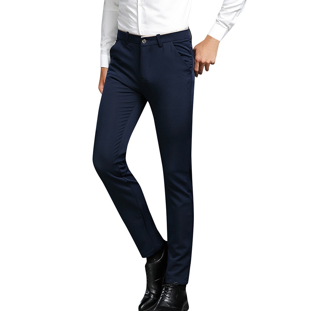 Business Casual Man Pants Slim Men's Solid Casuall Slim Zippered Business Pants Long Trousers 28-38: Navy  / 33