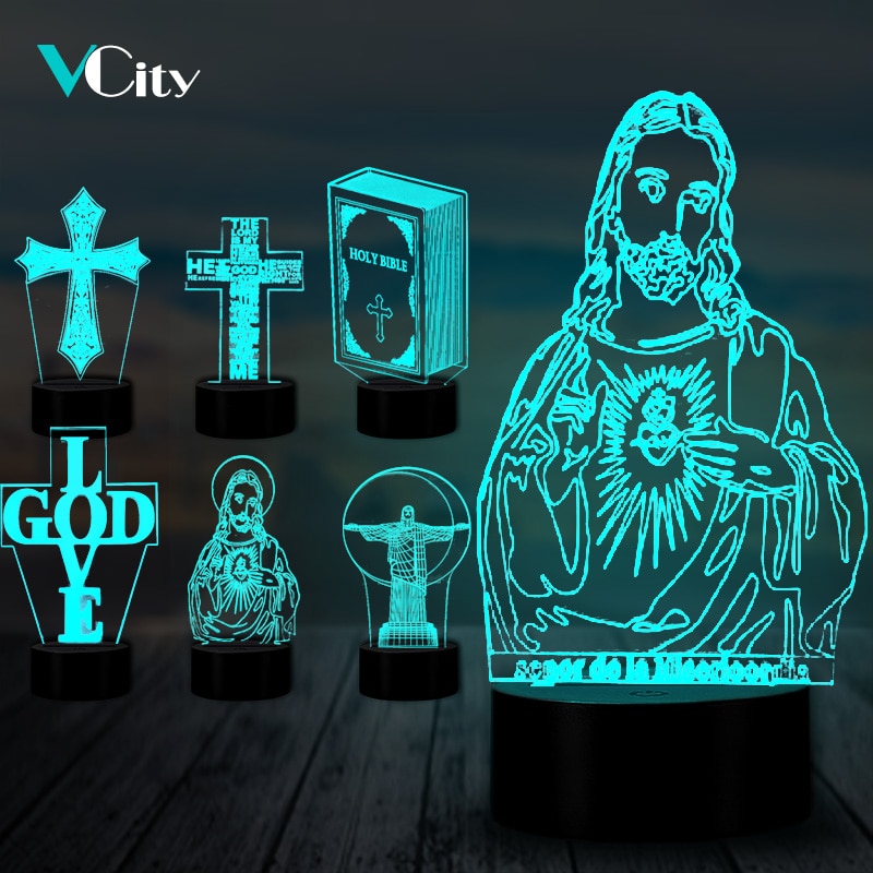 VCity Christian série 3D lampe croix jésus Bible veilleuse acrylique plaque tactile Base à distance décor à la maison pour ami