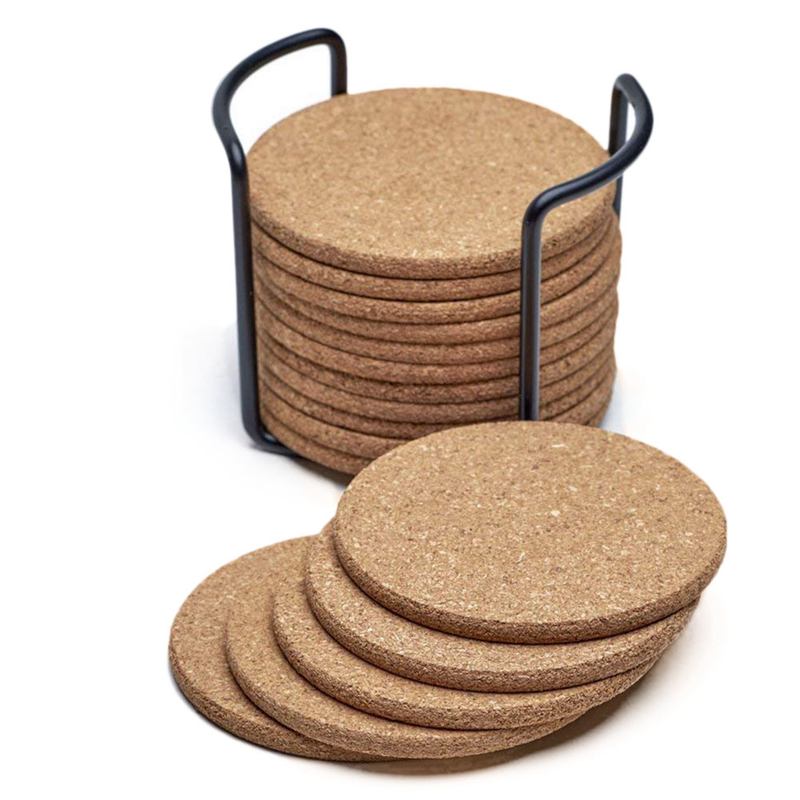 Natural Cork Coasters With Round 16pc Set with Metal Holder Storage Caddy – 1/5inch Thick, Absorbent, Eco-Friendly, Heat-Resista: Default Title