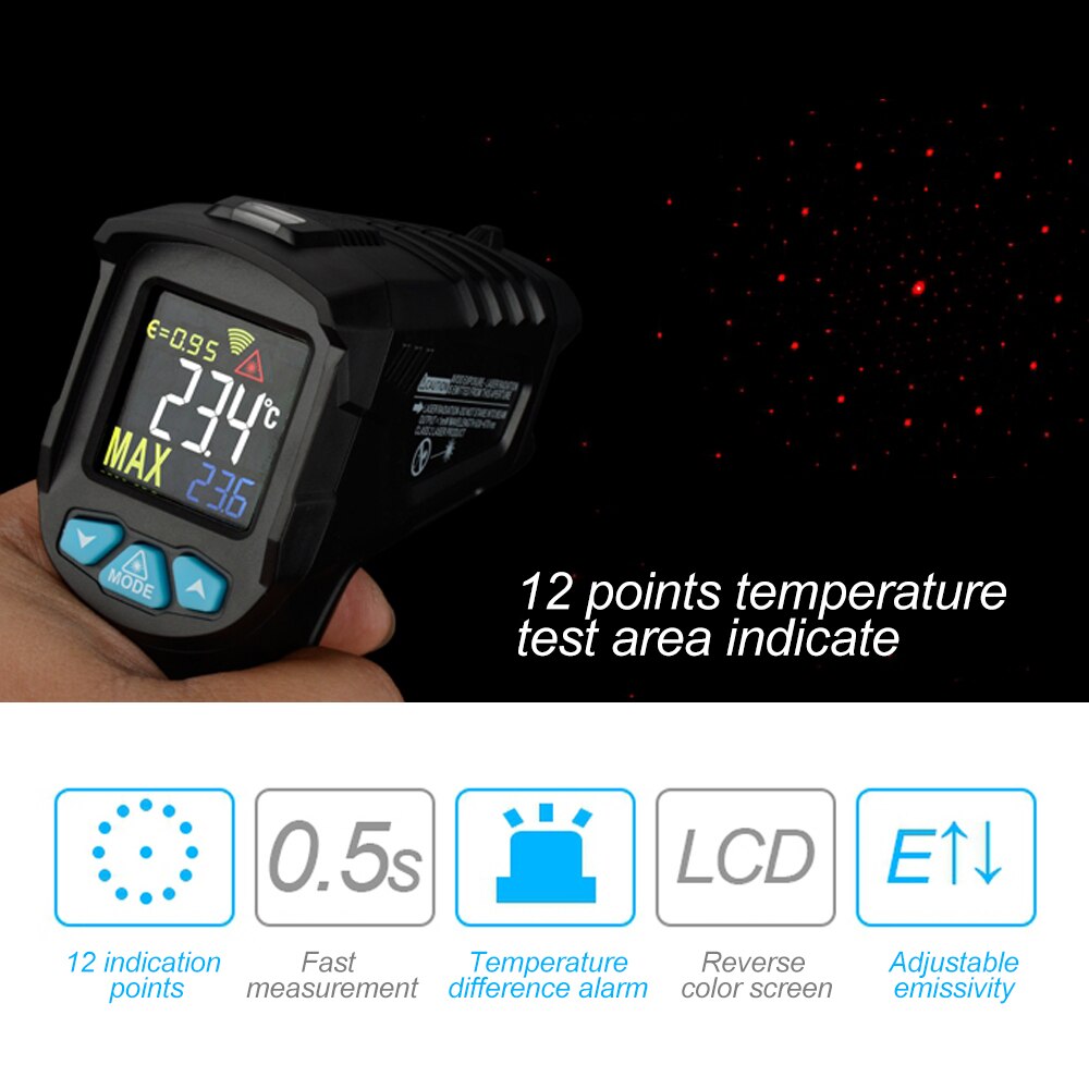 Thermomètre numérique industriel à infrarouge LCD portatif, pyromètre IR sans contact, testeur de température industrielle: Black IR01B