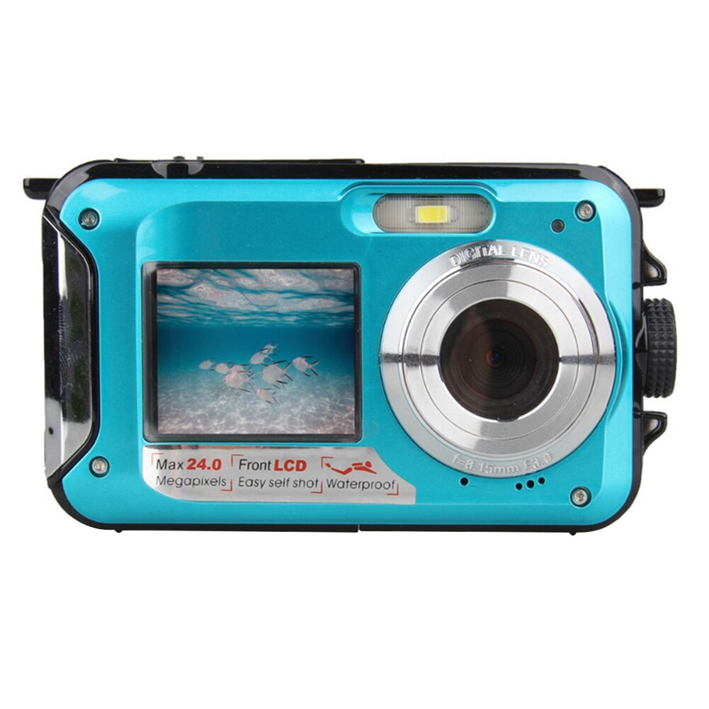 Waterproof Digital Camera 1080P HD 2.4MP Dual Screen Underwater DV Recorder Selfie Video Recorder for Swimming: Blue