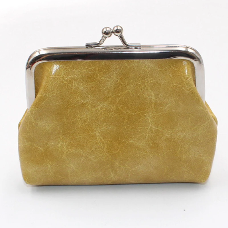 Lady Leather Mini Wallet Vintage PU Oil Wax Leather 4-inch Buckle Coin Purse Women's Short Handheld Coin Bag: Beige