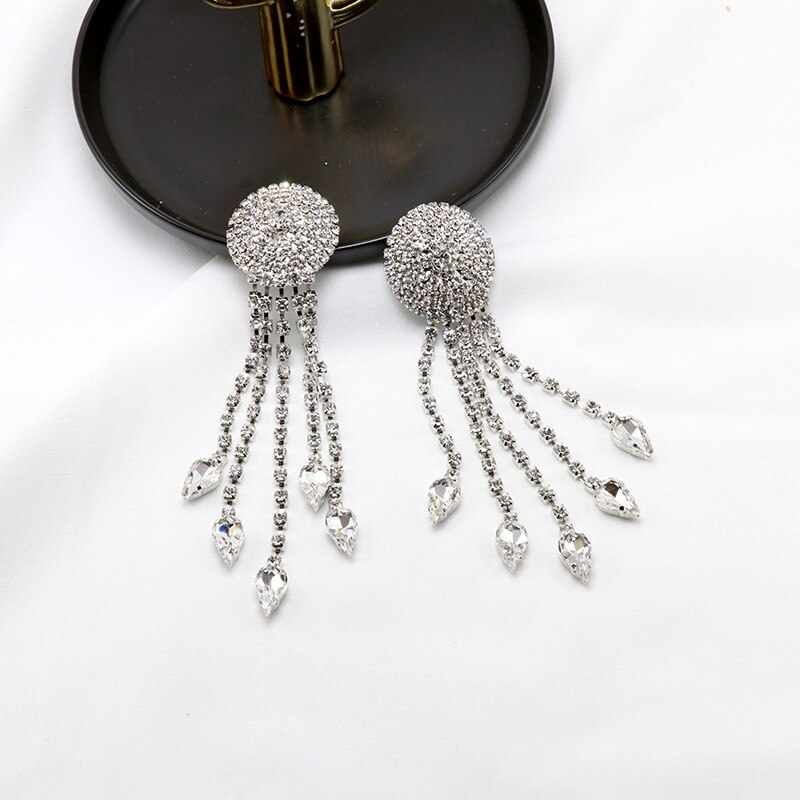 Trendy Long Circular Pendants Earrings Woman Full Rhinestone Shining Luxurious Crystal Jewelry Earrings Evening party