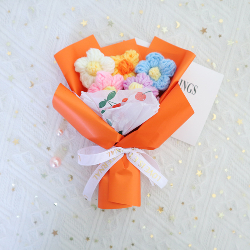 Mini buquê de flores de tricô feito à mão, buquê de flores de crochê com acabamento, caixa de presente para festa de casamento, acompanha buquê pequeno: amarelo claro