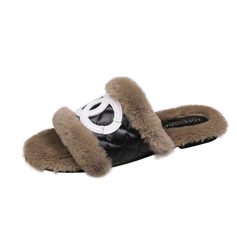 Mærke pels hjemmesko kvinder hjem fluffy sliders komfort lodne efterårs lejligheder dame sko kvindelige lodne indendørs klipklapper: Khaki / 9