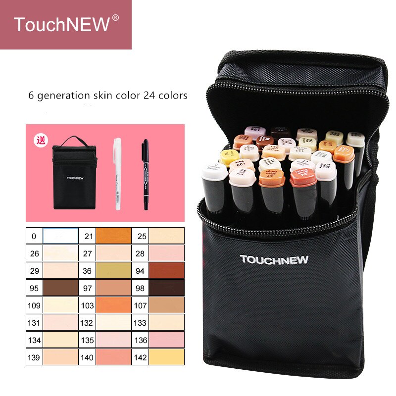 TouchNew Artist Marker Pens 24 Colours Blendable Alcohol Brush Pen Skin Tone Set for Portrait Illustration Drawing Art Markers: T6 24color black rod