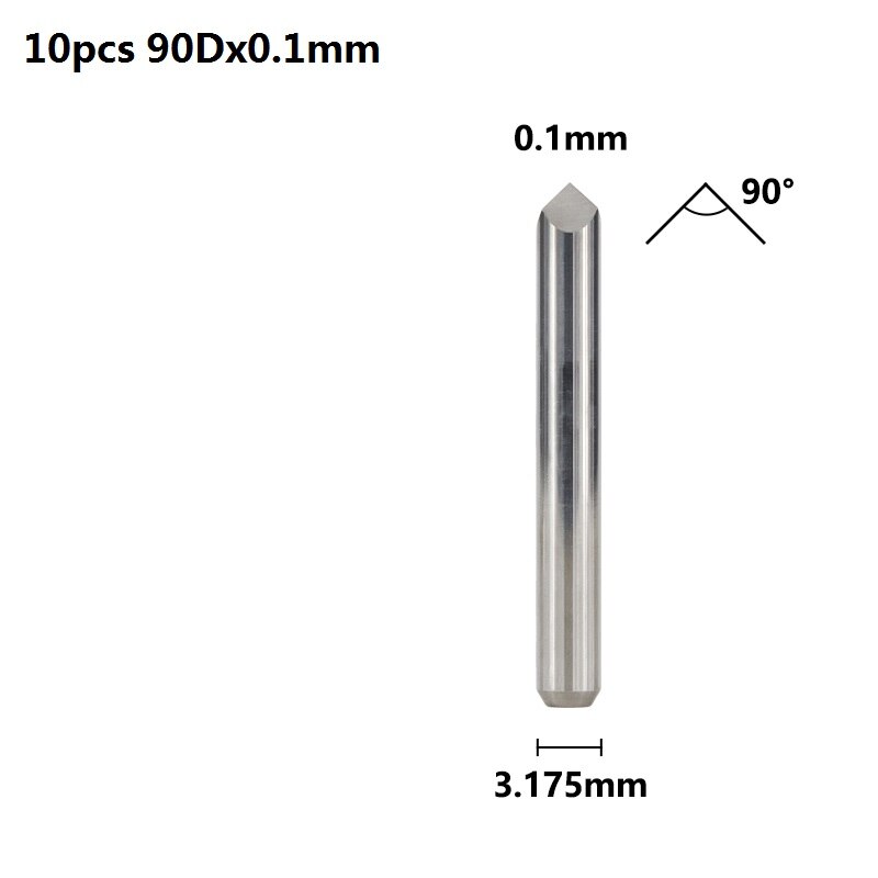 Xcan 3 Rand Piramide Graveren Bits 10 Stuks 20/30/40/45/60/90 Graden Tip 0.1-0.3Mm 3.175Mm Shank Cnc 3D Frees: 10pcs 90Dx0.1mm