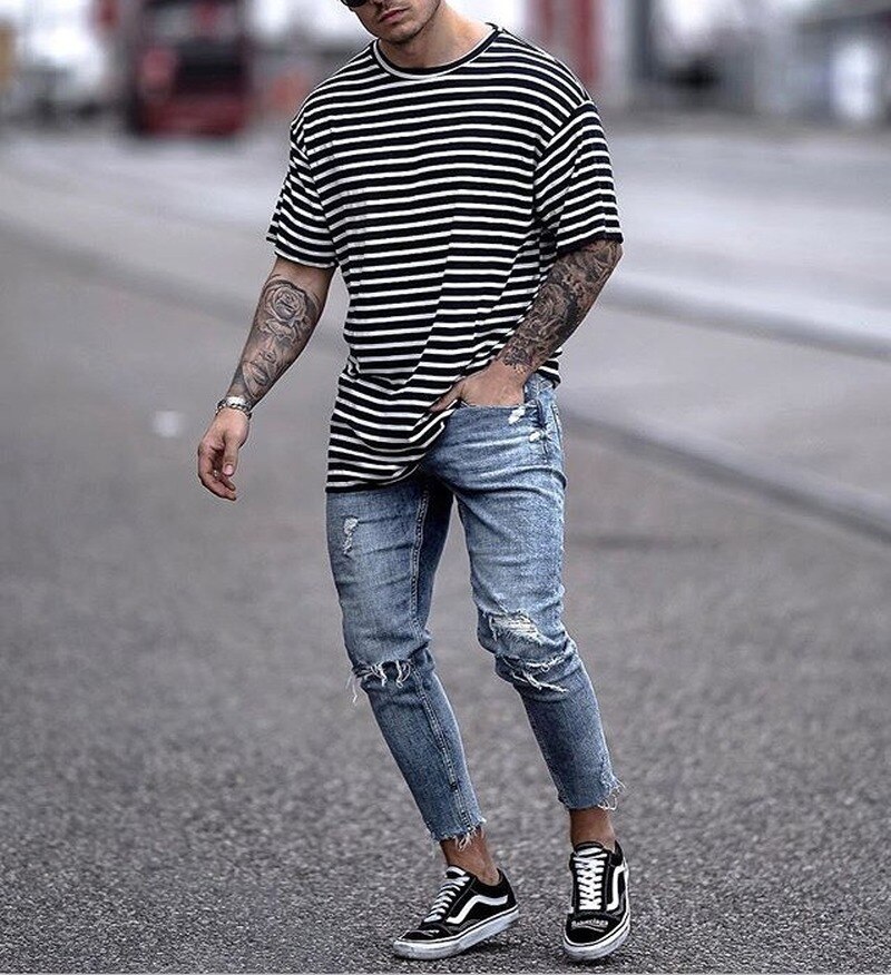 Pantalones vaqueros apretados hasta el tobillo para hombre, Vaqueros rasgados con cremallera, ropa de calle de pitillo con fondo cortado, color azul claro